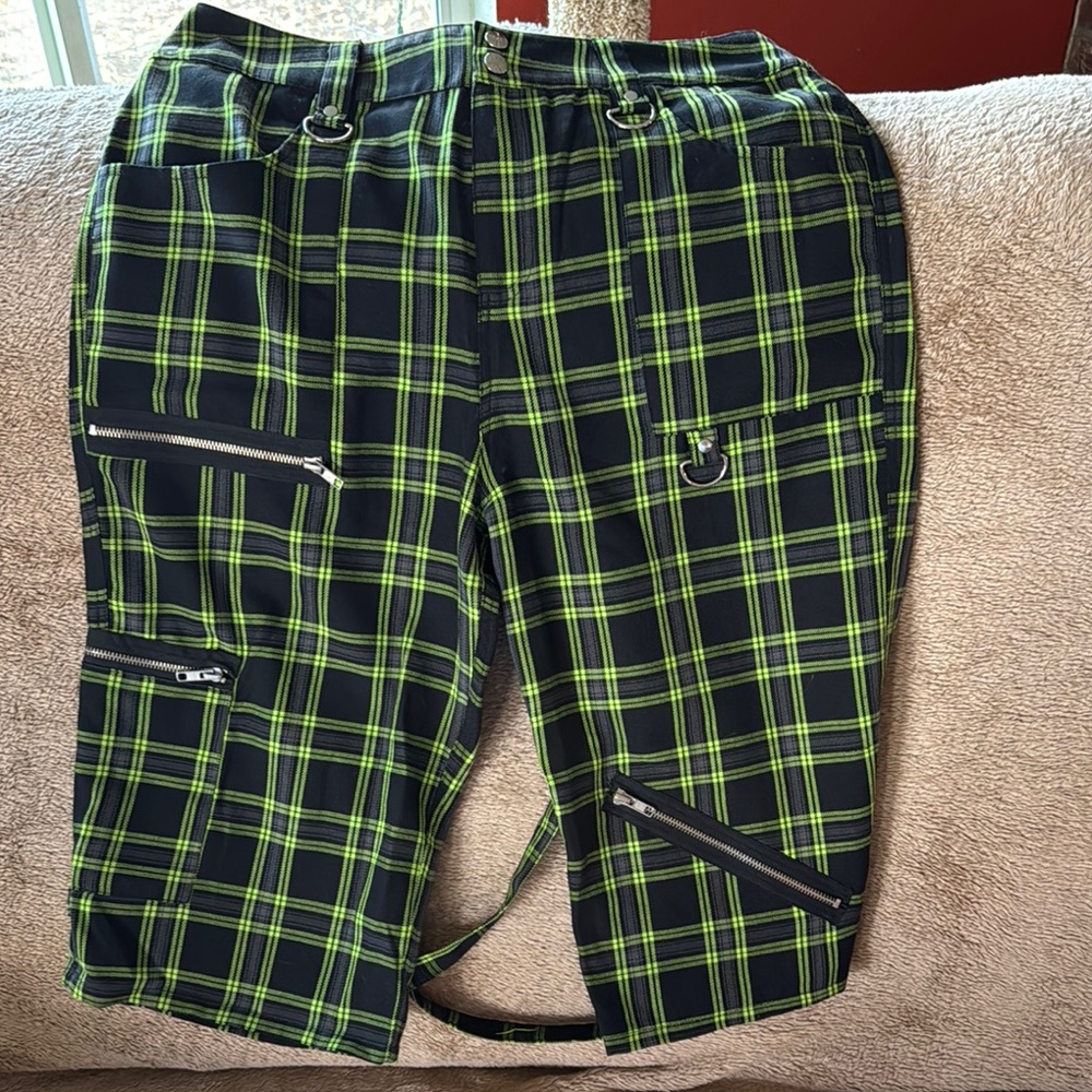 Black and Neon Green Plaid Pants